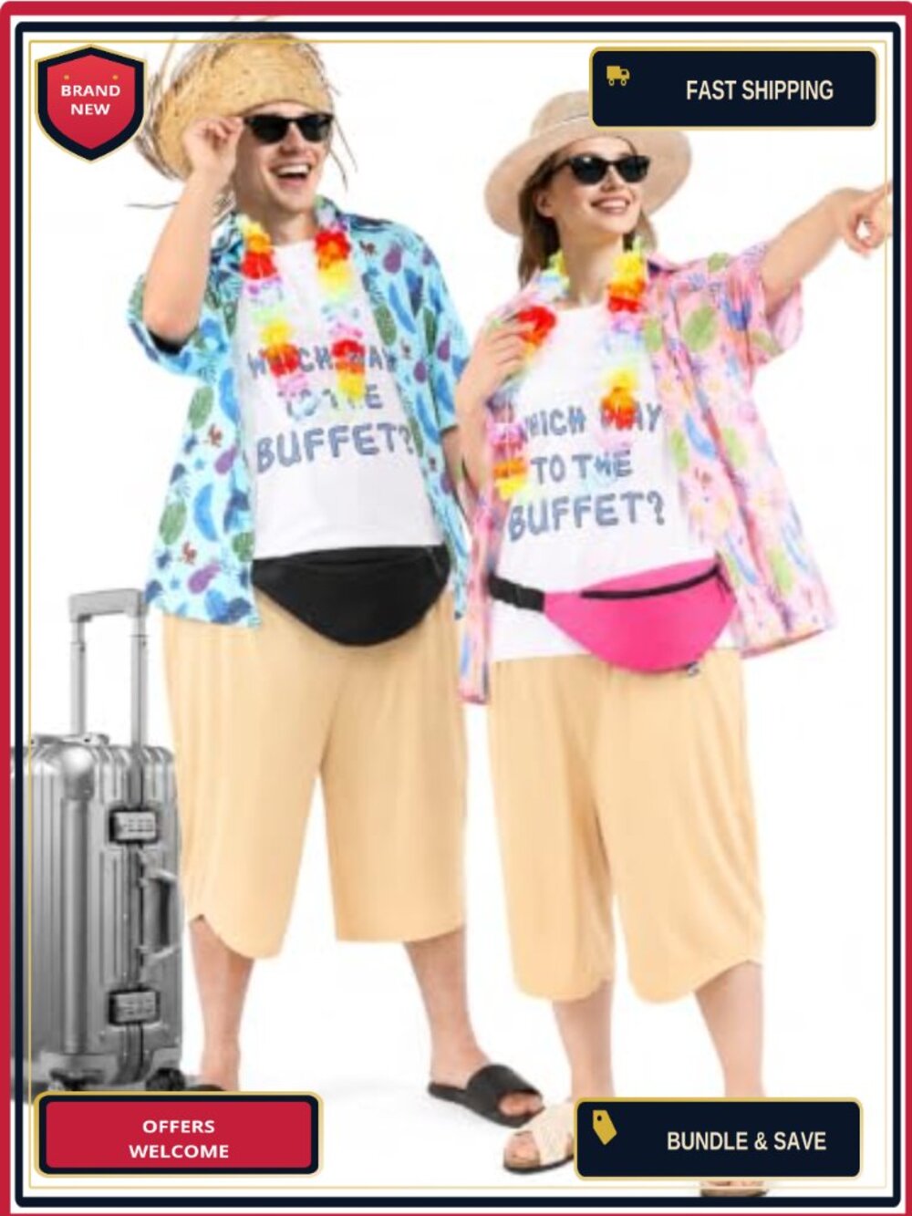 12PC Tacky Tourist Couples Costume Hawaiian Halloween Set Adult